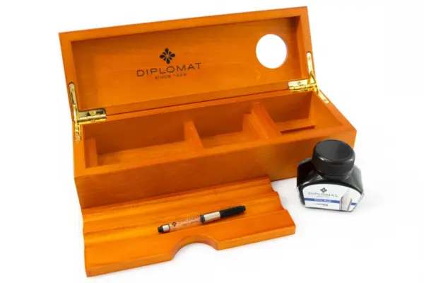 Wooden desk equipment with ink pot